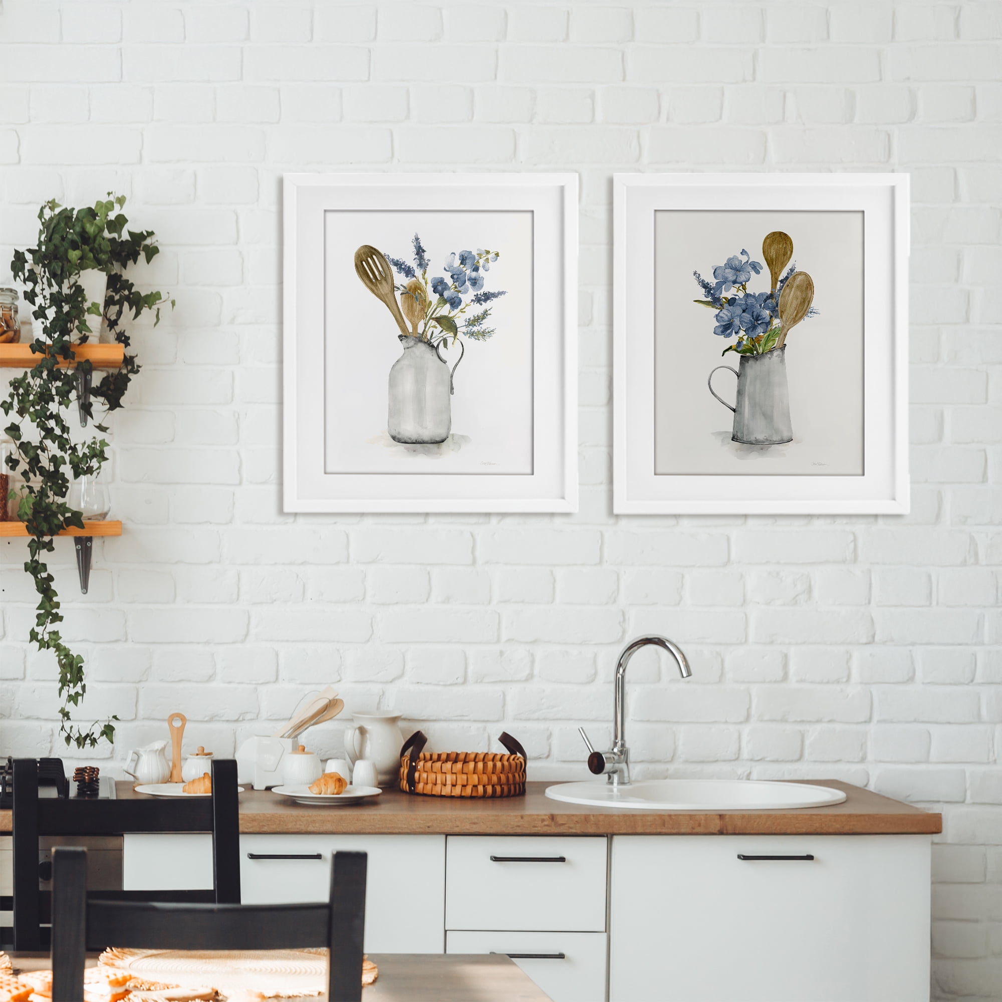 Stupell Industries Kitchen Pitcher Bouquets 2 Piece White Framed Print Under Glass Set, design by Carol Robinson