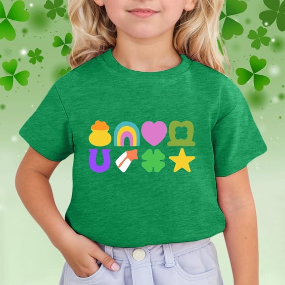 RTKFRFLM Girls St. Patrick's Day T-Shirt Clover Print Short Sleeve Crewneck Top Green 5-6 Years