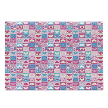 Love Cutting Board, Doodle Sketchy Hearts in Squares Romance Girls Design, Decorative Tempered Glass Cutting and Serving Board, Large Size, Pink Blue Cream, by Ambesonne
