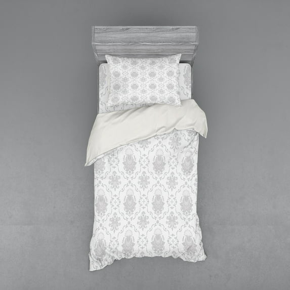 Ambesonne Grey Bedding Set 3 Pcs, Damask Victorian Bohemian, Twin XL, Grey