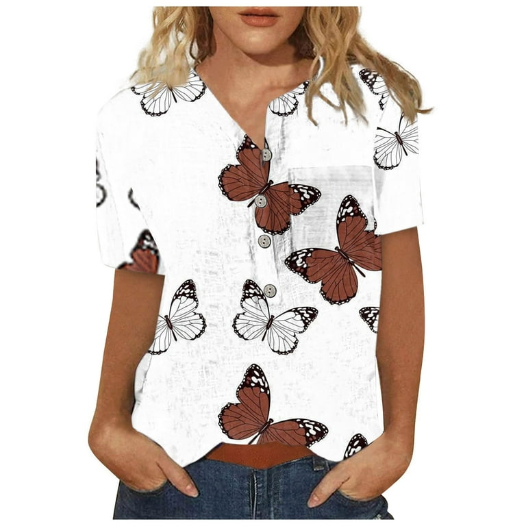 Sksloeg Womens Blouses Butterfly Print Short Sleeve Tunic Shirt Casual  Loose Round Button Up Blouses with Pocket,Brown XL 