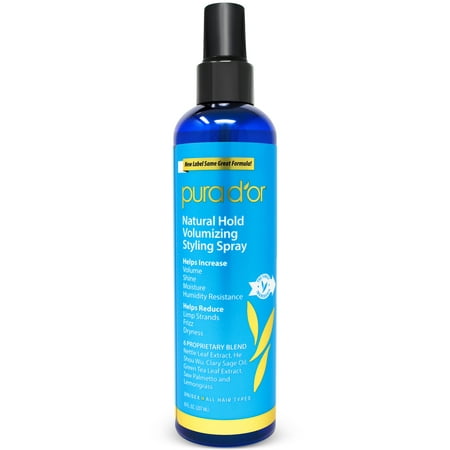 PURA D’OR Natural Hold Biotin Styling Hair Spray (8oz) - Flexible Hold, Moisturizing & Volumizing Hairspray, Plant-Based Ingredients, Non-Aerosol & Earth Friendly (Packaging may