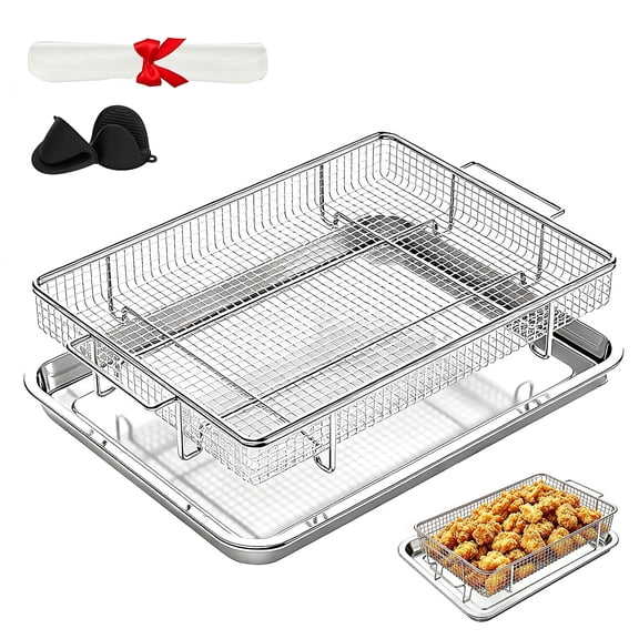 Godance Air Fryer Basket for Oven, 15.8''×11.8'' Air Fryer Basket and Tray with 30 Parchment Papers and Gloves, Stainless Steel Non-Stick Air Fryer Pan and Crisper Tray for Cooking, Dishwasher Safe
