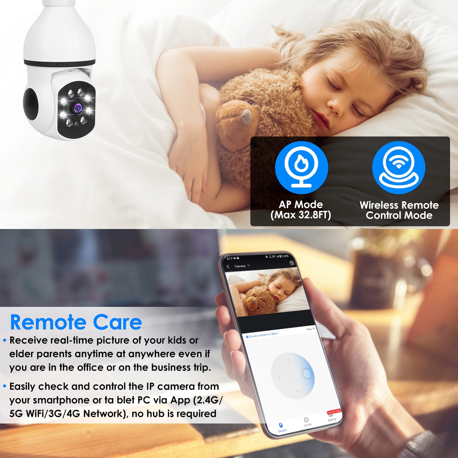 5G/2.4G 360° Wireless 1080p Security Camera Light Bulb Camera w/ Real-time Motion Detection
