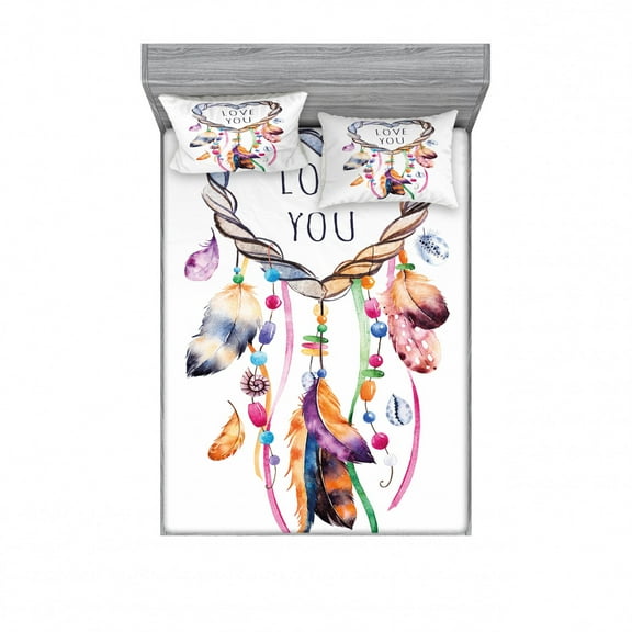 Feather Fitted Sheet & Pillow Sham Set, Hand Drawn Dream Catcher Illustration Bohemian Style Image Vibrant Colored, Decorative Printed 3 Piece Bedding Decor Set, Full, Pink White, by Ambesonne