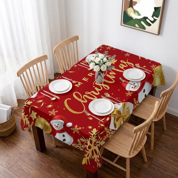 Red Christmas Table Cloth Waterproof Tablecloths, Snowman Xmas Snowflake Gifts Winter Tablecloth Dining Table Cover for Kitchen Party Tabletop Outdoor, Rectangle Tablecloth 60x102 Inch