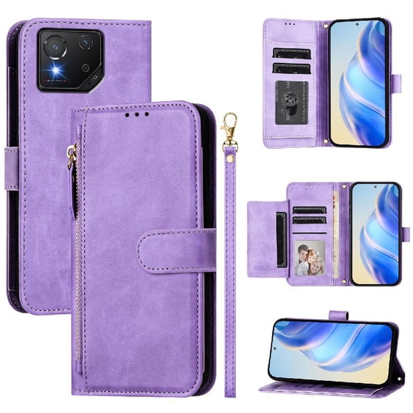 Filp Case for ASUS ROG Phone 8/8 Pro Zipper Pocket Magnetic Flip Wallet Phone Case with 7 Card Slots and Wrist Strap