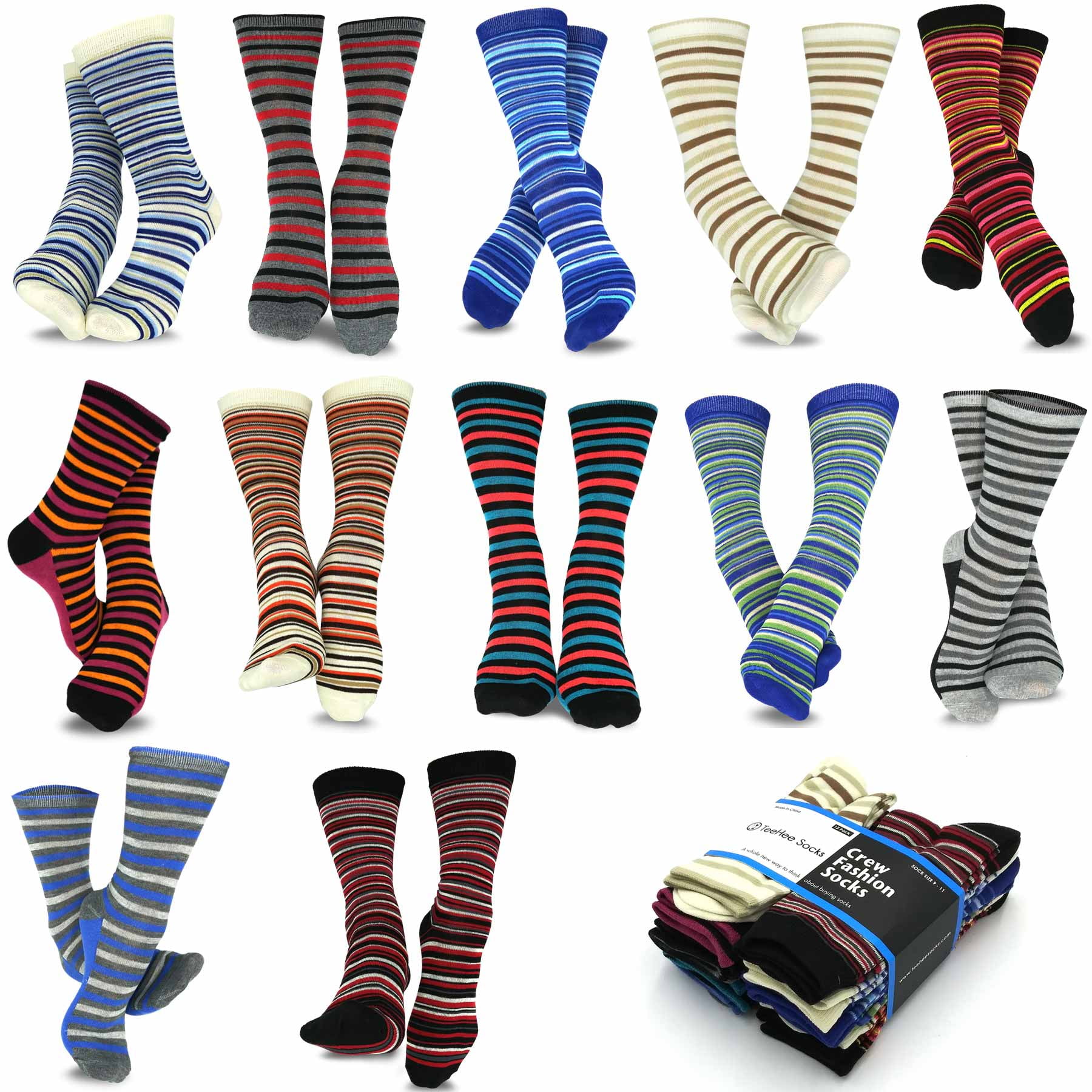 TeeHee Women's Value 12Pack Fun Crew Socks (ThinMinistripes