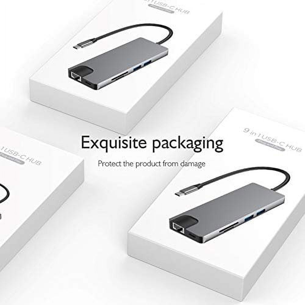 THYMOBO 9 in 1 USB C to USB Hub, USB Type C Adapter w. 2 USB 3.0 Ports, SD Micro SD, RJ45, Audio, VGA, USB C to HDMI & USB C Charging Port, Compatible MacBook Pro Nintendo Switch Type C Laptop - Grey