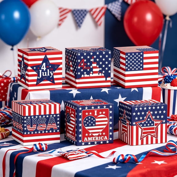 USA‑Themed Square Paper Candy Boxes 6PCS, Patriotic 4th of July Treat Storage Boxes, Ideal Party Favor Containers for Independence Day Holiday Gift Giving & Festive Celebrations