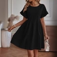 thumbnail image 2 of Daiosportswear Robe d'Été pour Femmes Col Rond Manches Courtes Mélange Coton Lin Ample Couleur Unie Poche Mode Jupe Mini, Robe Manches Courtes Noire G(L), 2 of 7