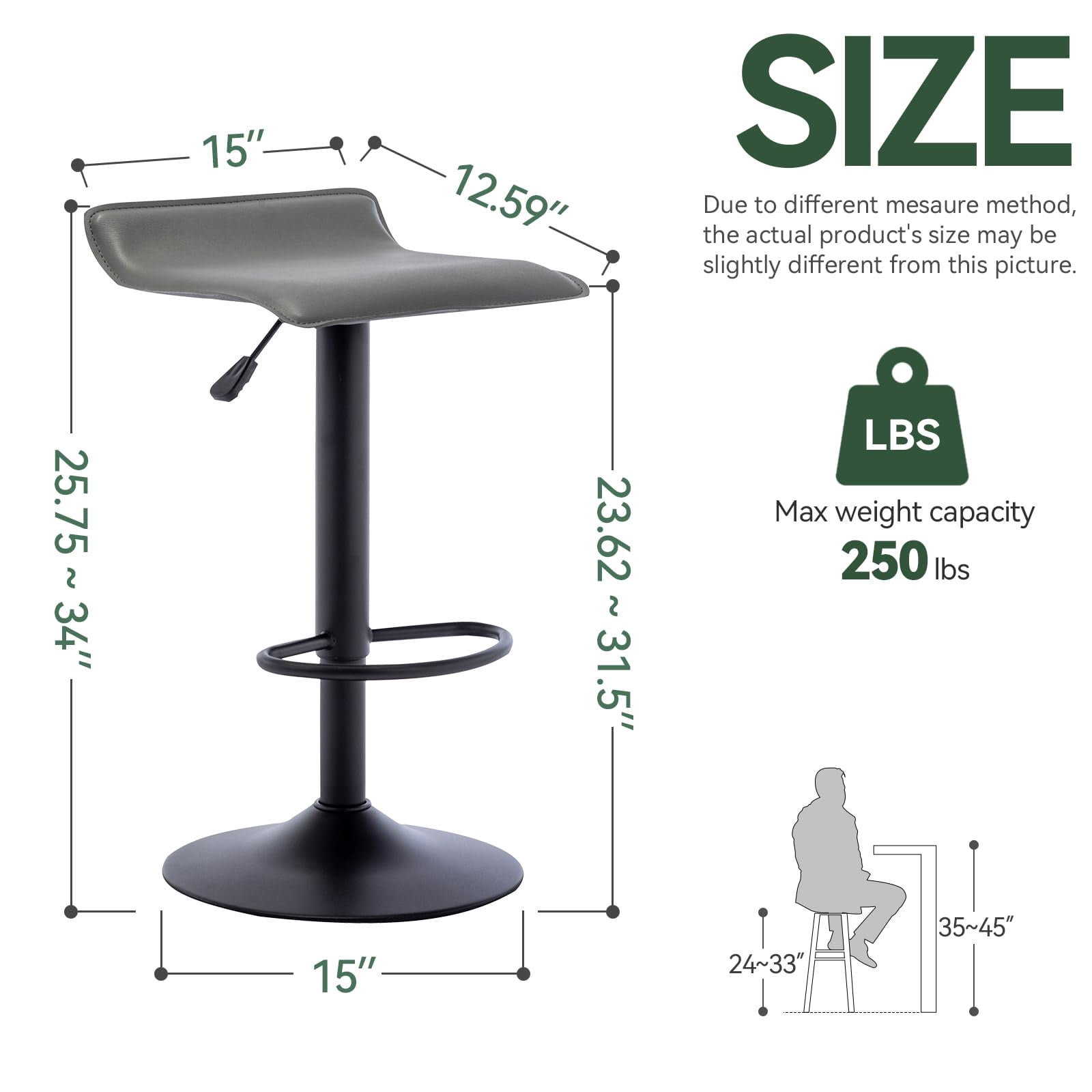 Adjustable Backless PU Leather Bar Stools Set of 2, 360° Swivel Counter Height Bar Stools with Footrest, Modern Armless Kitchen Island Chairs (Gray, Black Base)