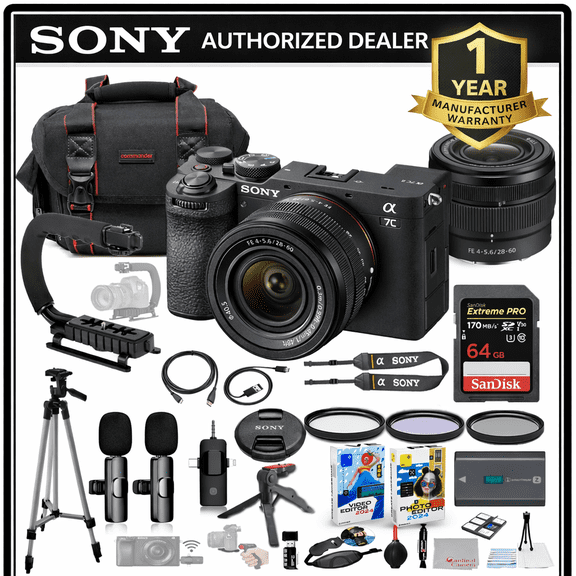 Sony a7C II Mirrorless Camera with 28-60mm Lens (Black) Bundle   Wireless Microphone System   Accessory Package Including 64GB Extreme Memory, U-Grip, Case, Tripod, Software and More (26 Items)