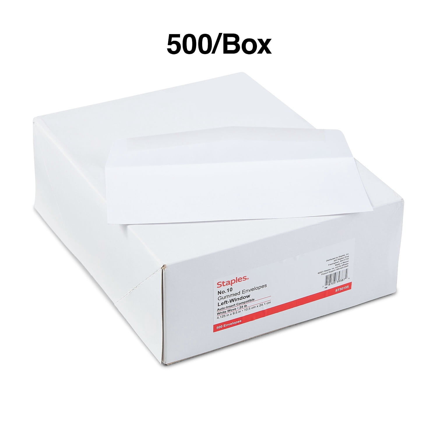 Staples Gummed Business Envelope 4 1/8" x 9 1/2" White Wove 500/BX(SPL381937)