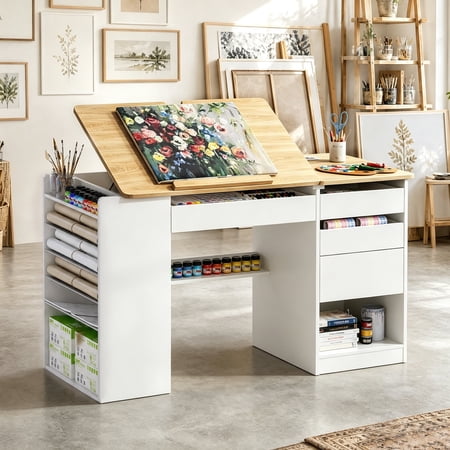 Advwin Adjustable Drafting Table with Storage & Power Outlet, Tiltable Drawing Desk with 4 Drawers, Removable Shelves, Craft Desk for Painting, Sewing, Home, Studio, Office & Hobby Room, Oak+White