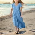 thumbnail image 5 of Mgmyaa Robes pour Filles Enfants Été Manches Courtes Col en V Chandail Longue Robe Plage Robe Décontractée, 5 of 5