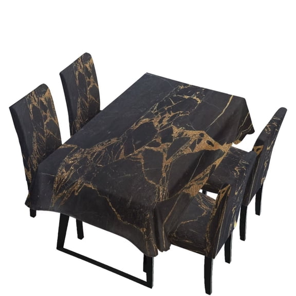 TSOVTHRID Black Marble Texture Print 5 Pcs Tablecloth Chair Cover Set Removable Dining Chair Protector Washable Spandex Rectangle Table Cloth for Dining Table Kitchen Decor