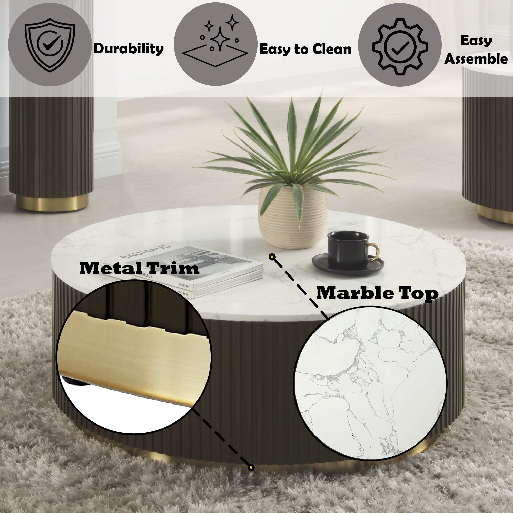 ACME Clayten Wood & Artificial Marble Coffee Table in White & Espresso