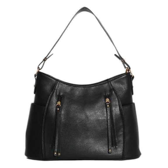 Large Capacity Tote Hobo Bag PU Leather Textured Shoulder Bag Casual Versatile Commuter Bag Black