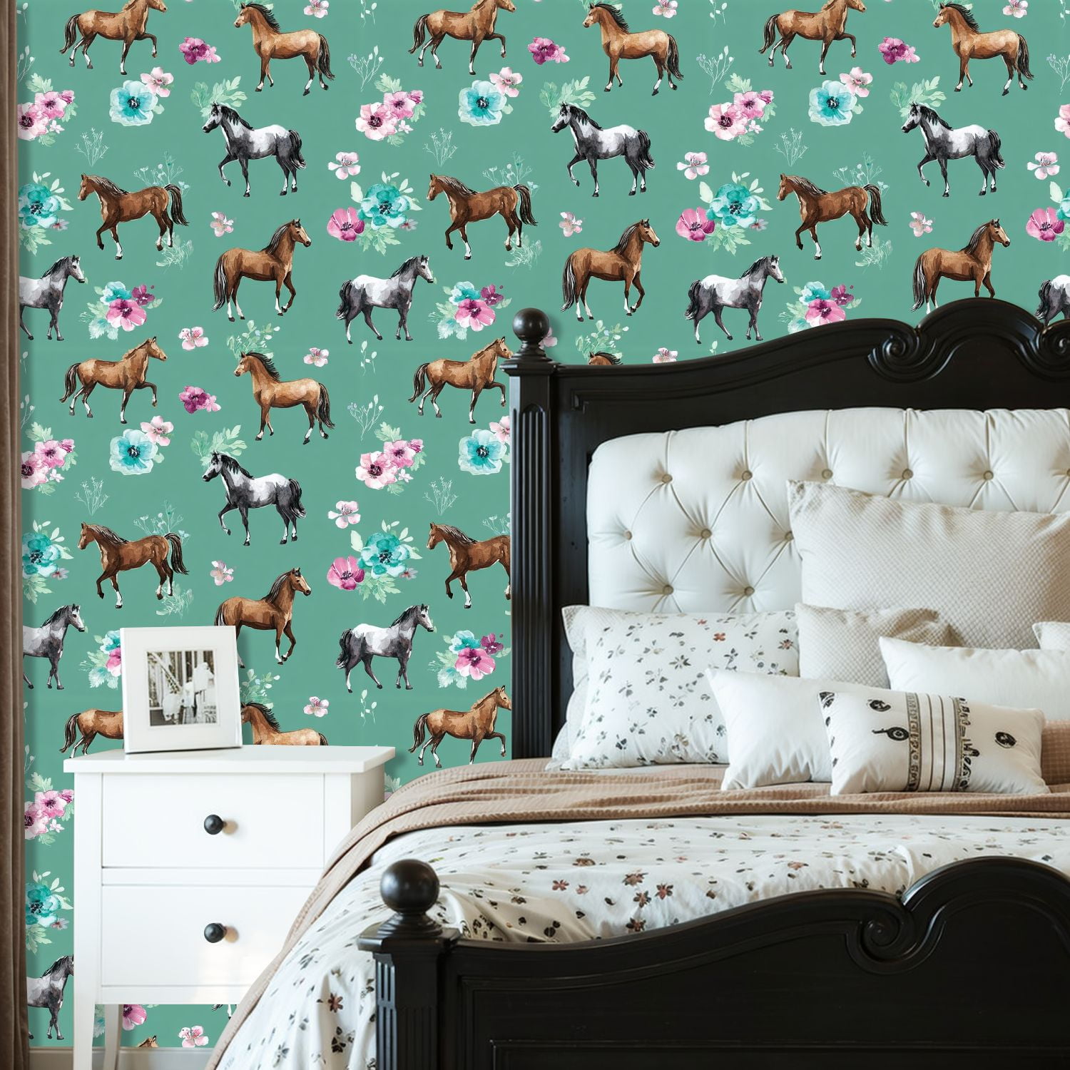Western Peel and Stick Wallpaper Elegant Horses Floral Green Wall Mural 23.6in x 9.8ft Self Adhesive Removable Wall Paper Renter Friendly Wallpaper for Nursery Bedroom Cabinets