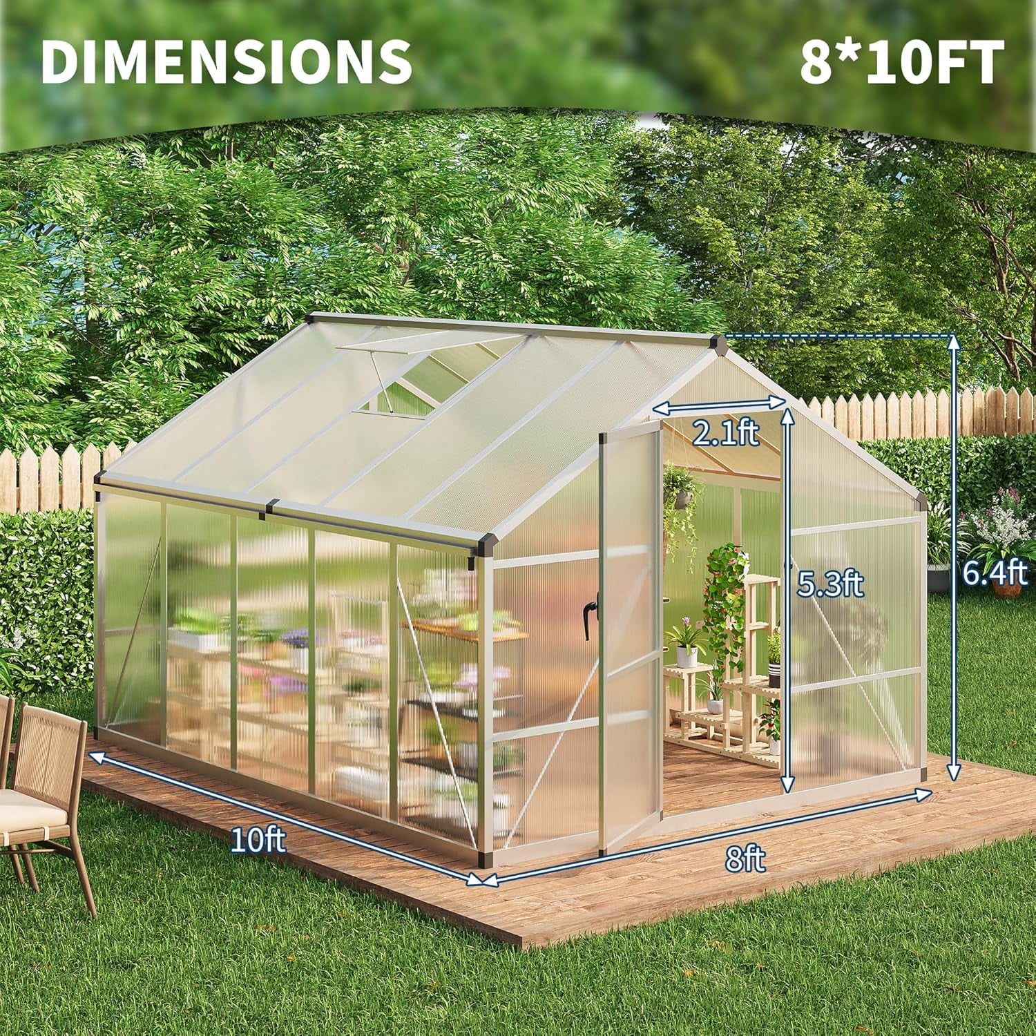 8x10 FT Greenhouse, Easy Assembly Aluminum Polycarbonate Greenhouses for Outdoors with Roof Vent and Ground Nails, Heavy Duty Aluminum Walk-in Greenhouse for Backyard, Sliding Lockable Door, Clear