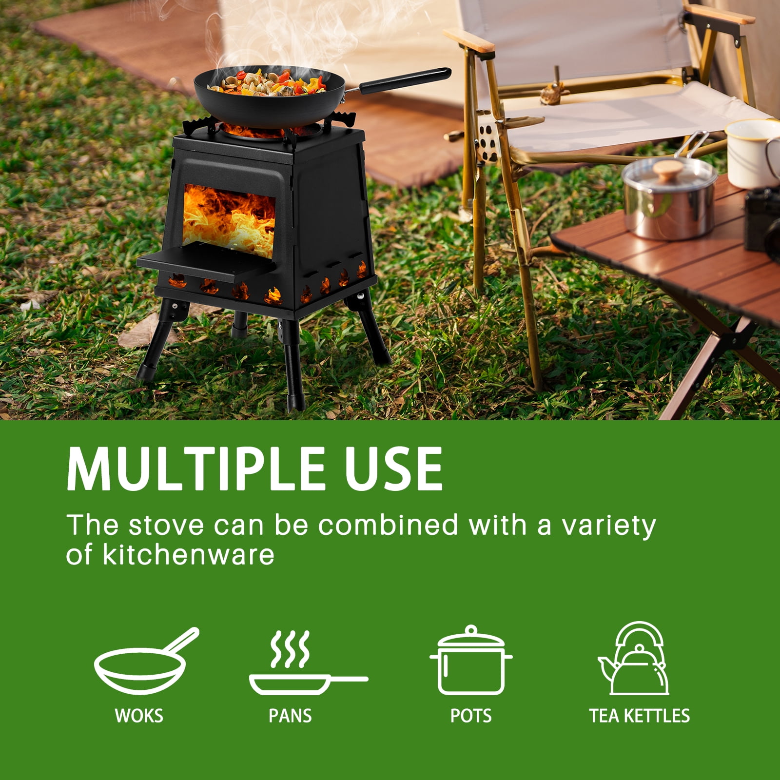 Compact Wood Camping Stove 10.6" Foldable - Solo Backpacking Stove w/Carry Bag, 40% Fuel Efficient, Survival Stove for Hiking, Emergencies (Black, 7.7 lbs)