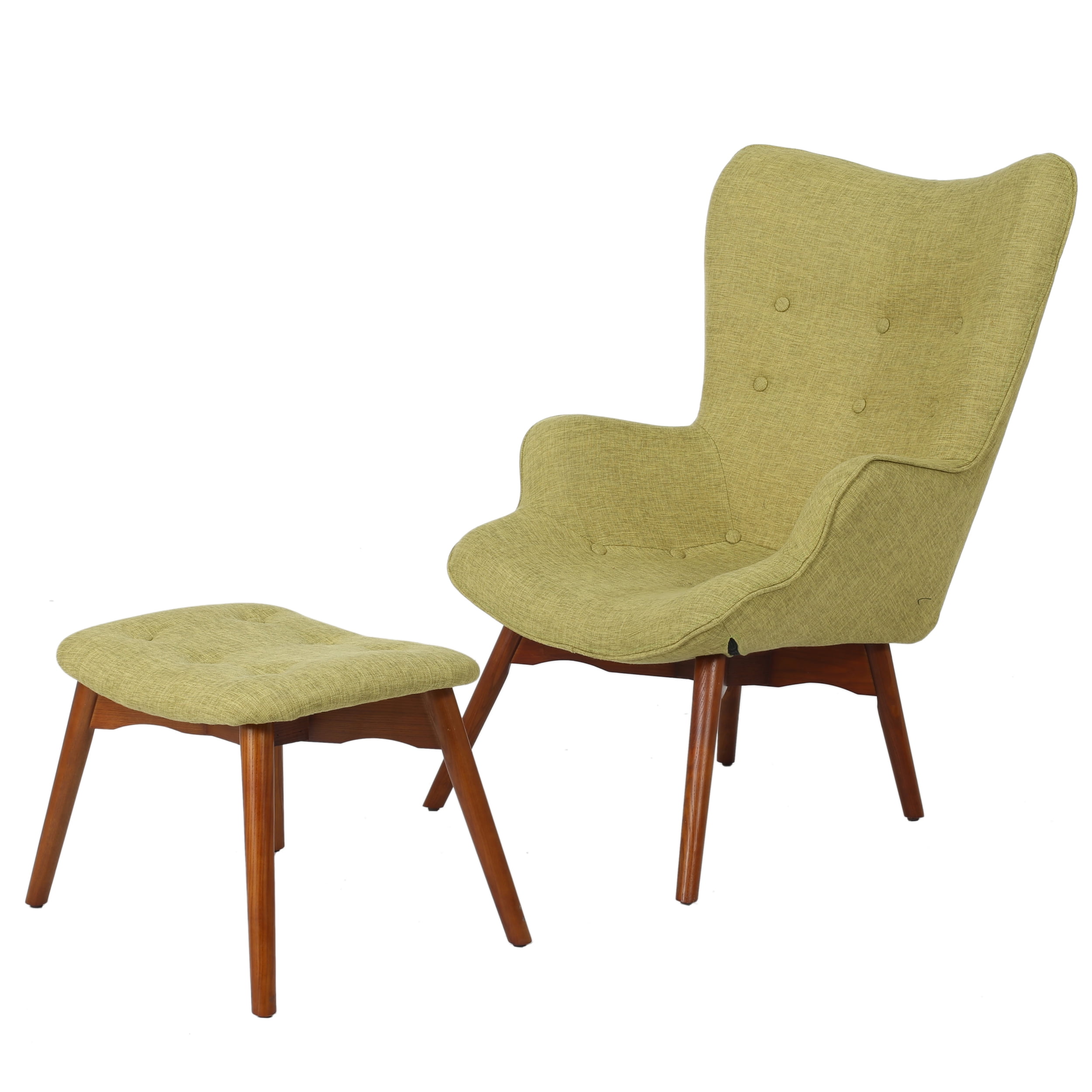 Akoa MidCentury Modern Wingback Fabric Chair and Ottoman Set, Muted