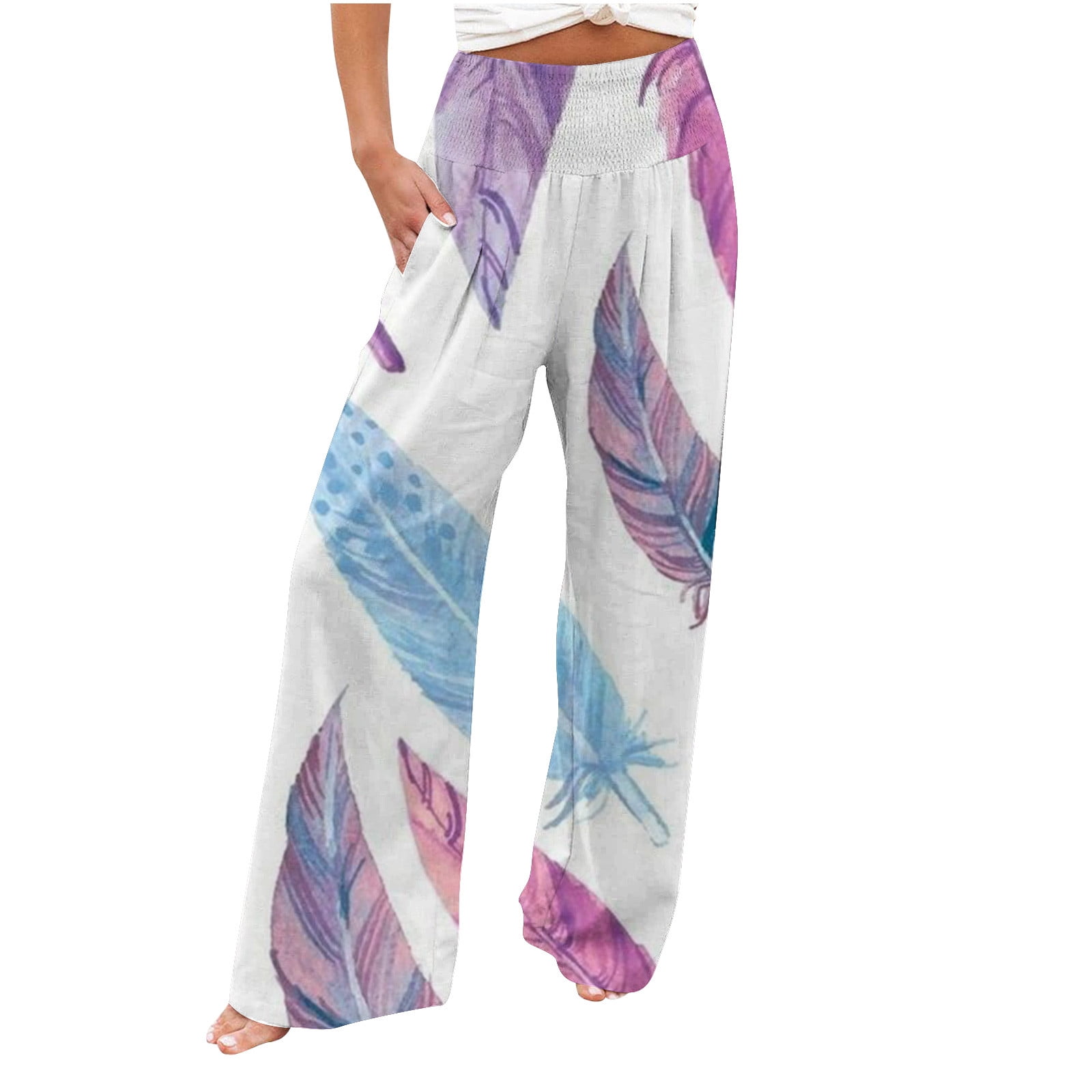 HTNBO Women's Wide Leg Palazzo Pants with Pockets Elastic Waist Flower