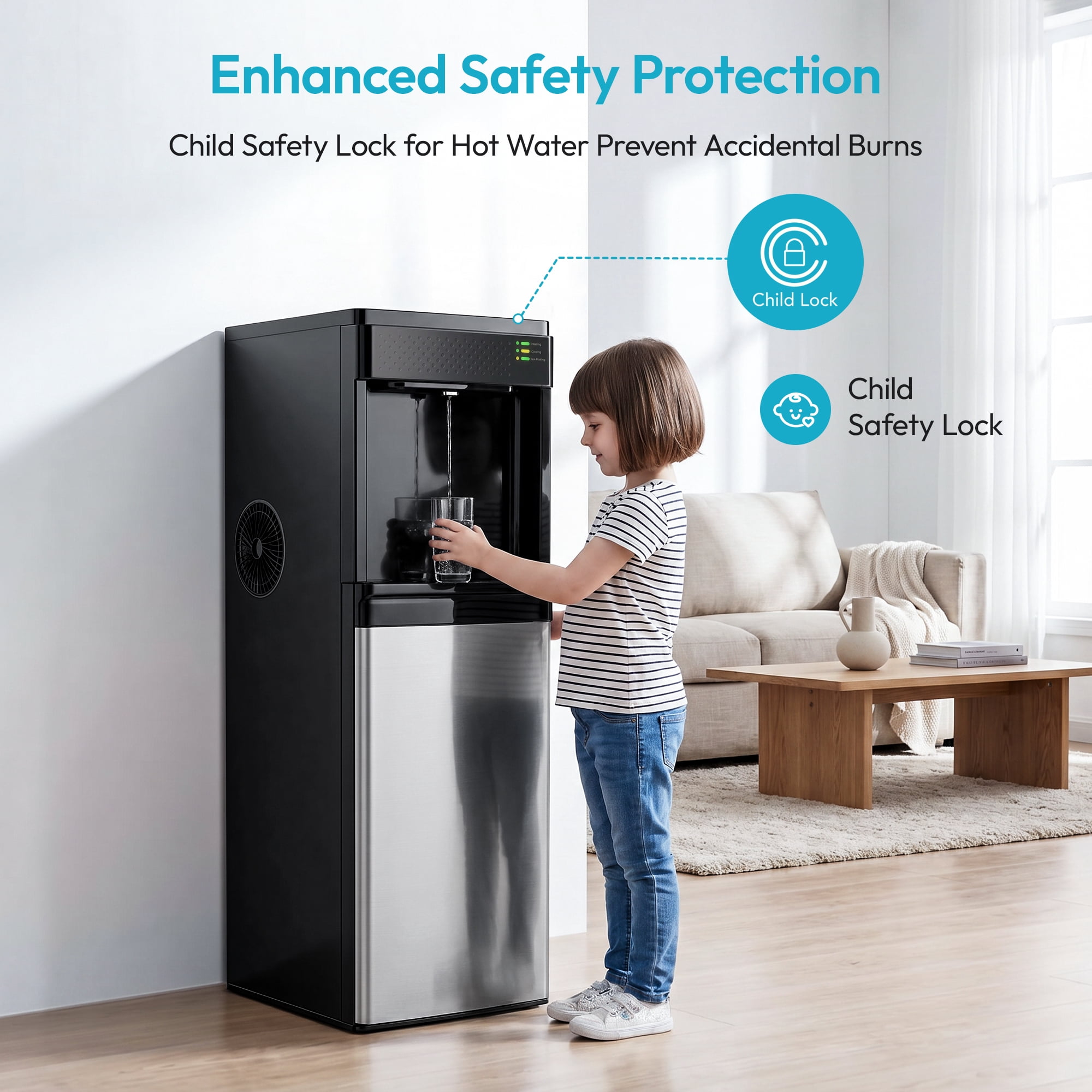 EUHOMY 4-in-1 Water Dispenser with Ice Maker, Cold Hot & Room Temperature Water, Child Safety Lock, Compatible with 3–5 Gallon Bottles for Home/Office, Black and Silver