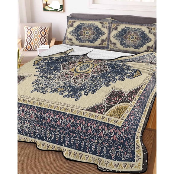 Boho Blue Yellow Pink King Size Down Alternative Comforter, Lightweight Comforter Quilt Bedding Set with Pillow Shams Vintage Modern Geometric Abstract All Seasons Bed Comforter Duvet Insert 96"x106"