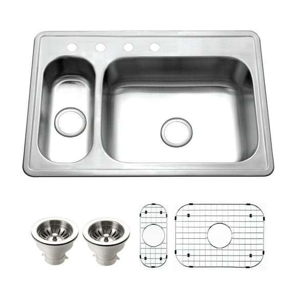 Houzer Legend 33 in Stainless Steel Topmount 80/20 Small Left Double Bowl Kitchen Sink with Strainer and Grid - LHD-3322-C