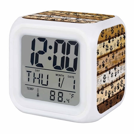 Brown Cat Paw Print Digital Alarm Clock for Bedrooms,Smart LED Alarm Clock with 7 Color Night Light,Vintage Farmhouse Country Wooden Grain Silent Wake Up Clocks for Sleep Study Cooking 3.2x3.2