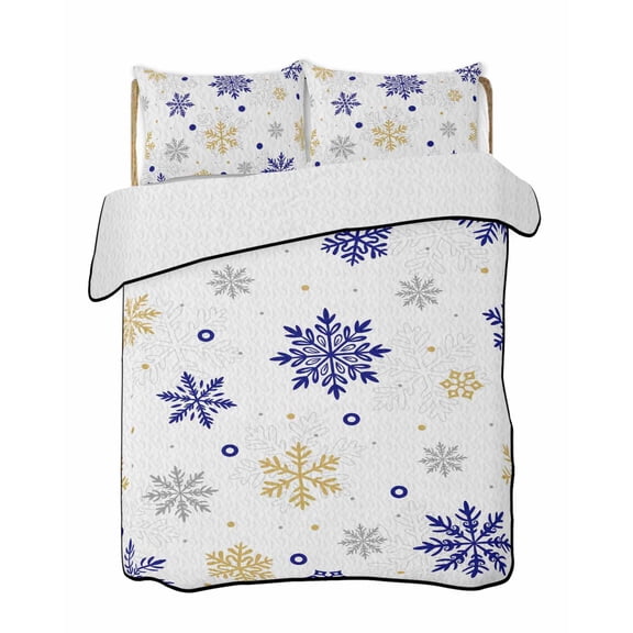 Quilts Queen Size Bedding Set, Merry Christmas Reversible Summer Quilt 3 Pieces, Winter Xmas Snowflakes Blue Yellow Lightweight Bedspreads Coverlets with 2 Pillow Shams for All Seasons