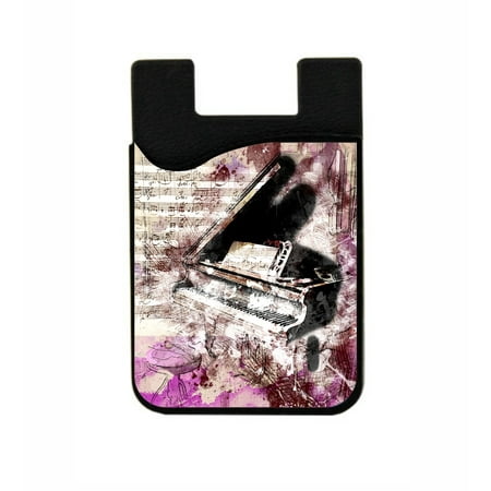 Piano Finish Business Card Holder - Abstract Musical Piano Design - Stick On Adhesive Black Silicon Card Holder/ Pocket for Cell Phones