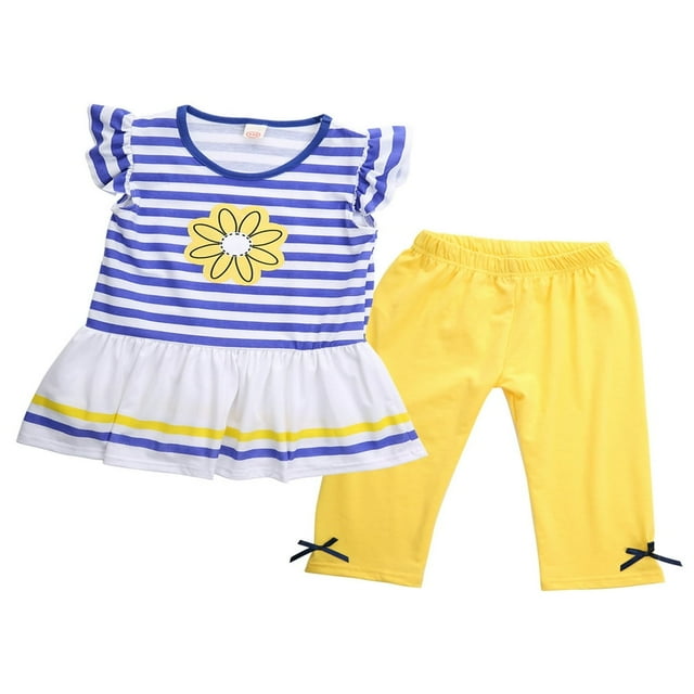 Toddler Girls Sunflower Striped Sleeveless Ruffle Top Dress Cropped Pants