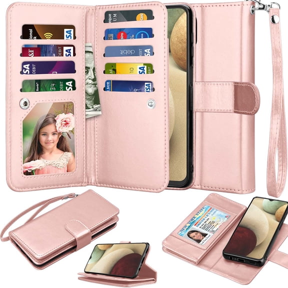 Takfox Wallet Case for Samsung Galaxy A12, for Galaxy A12 Case 6.5", PU Leather ID Credit Card Slots Holder Folio Flip [Detachable] Kickstand Magnetic Phone Cover & Wrist Strap -Rose Gold