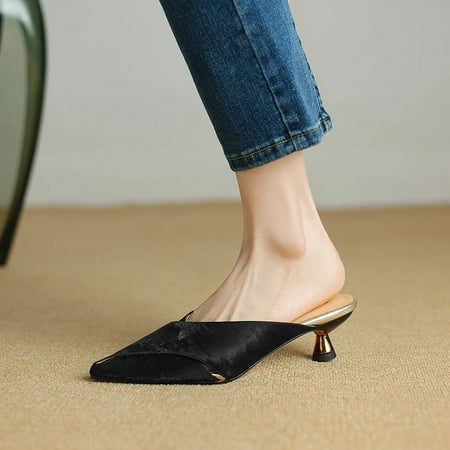 

Kitten Heel Closed Toe Half Slippers Women s Outer Wear Pointed Stiletto Heel New Chinese High Heels Retro Style Fashionable Muller Sandals