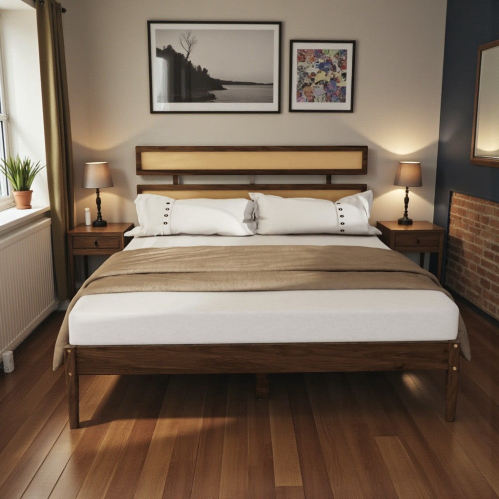 Tcbosik Platform Bed Queen Size, Bed Frame with Rattan & Wood Headboard for Bedroom, Wood Slats Support, Dark Walnut