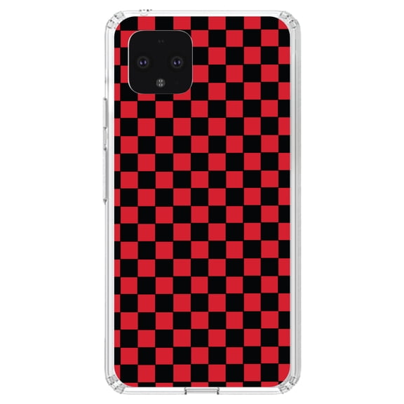 DistinctInk Clear Shockproof Hybrid Case for Google Pixel 4 (5.7" Screen) - TPU Bumper, Acrylic Back, Tempered Glass Screen Protector - Red Black Checkered Flag Geometric - Geometric Checkered Pattern