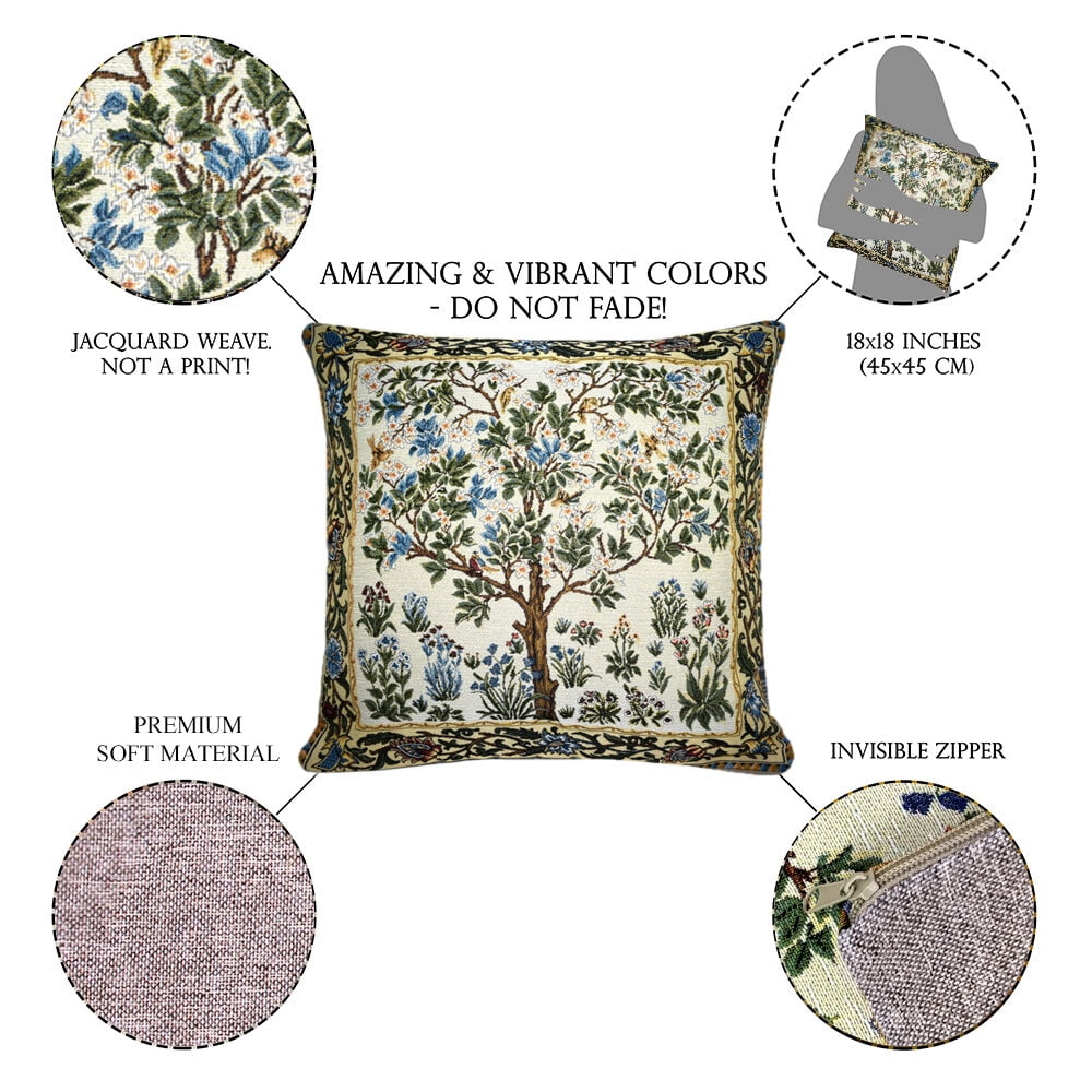 STPgoods Blooming Apple Tree William Morris Tapestry Throw Pillow with Insert 18x18" (45x45 cm) Decorative Couch and Sofa Cushion for Living Room Bedroom Square Pillowcase
