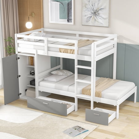 CLEARANCE! Twin over Twin Bunk Bed with Built-in Storage Wardrobe and Two Drawers  White