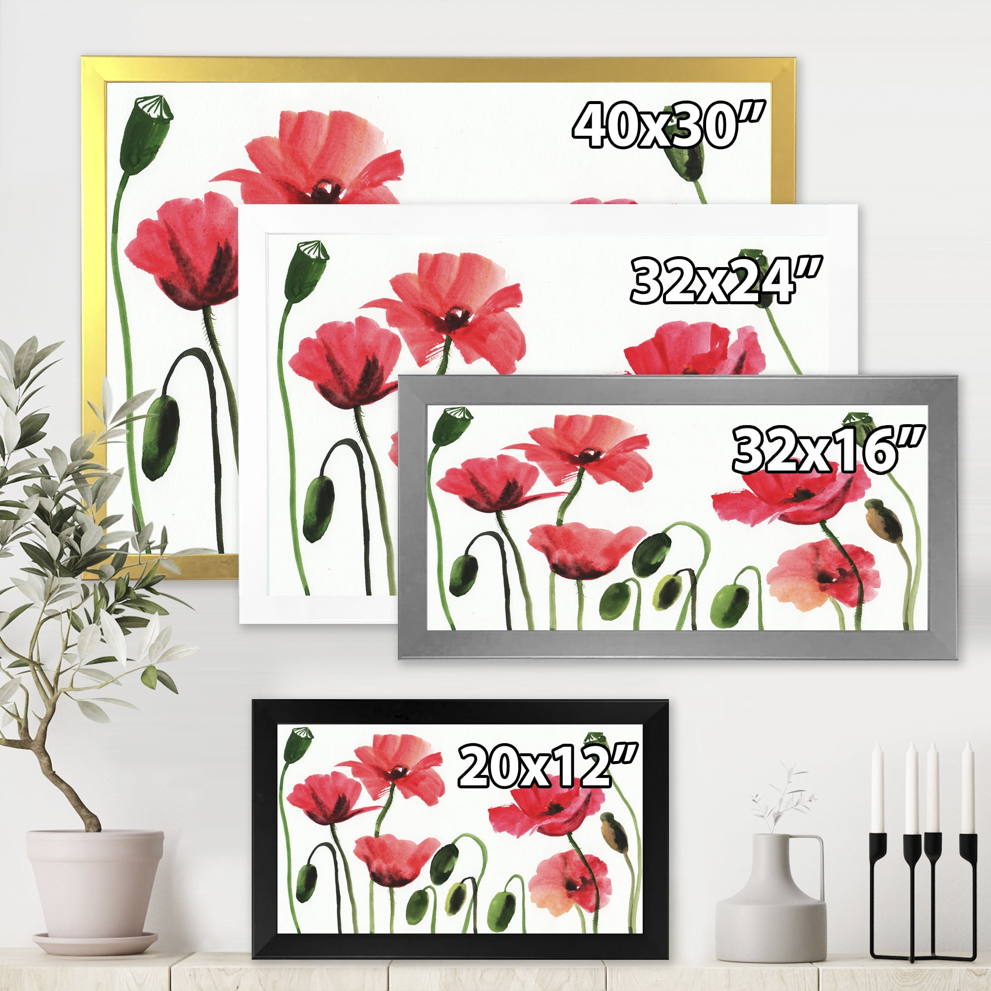 Designart 'Ancient Red Blooming Poppies' Traditional Framed Art Print