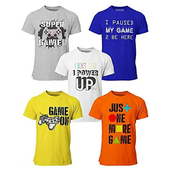 Brooklyn Vertical Boys' 5-Pack Video Gamer Gaming Short Sleeve Crew Neck T-Shirts, 100% Cotton, Sizes 6-20