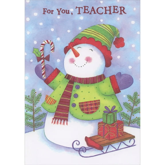 Designer Greetings Snowman in Green Coat Holding Candy Cane Near Sled and Gifts Juvenile Christmas Card for Teacher
