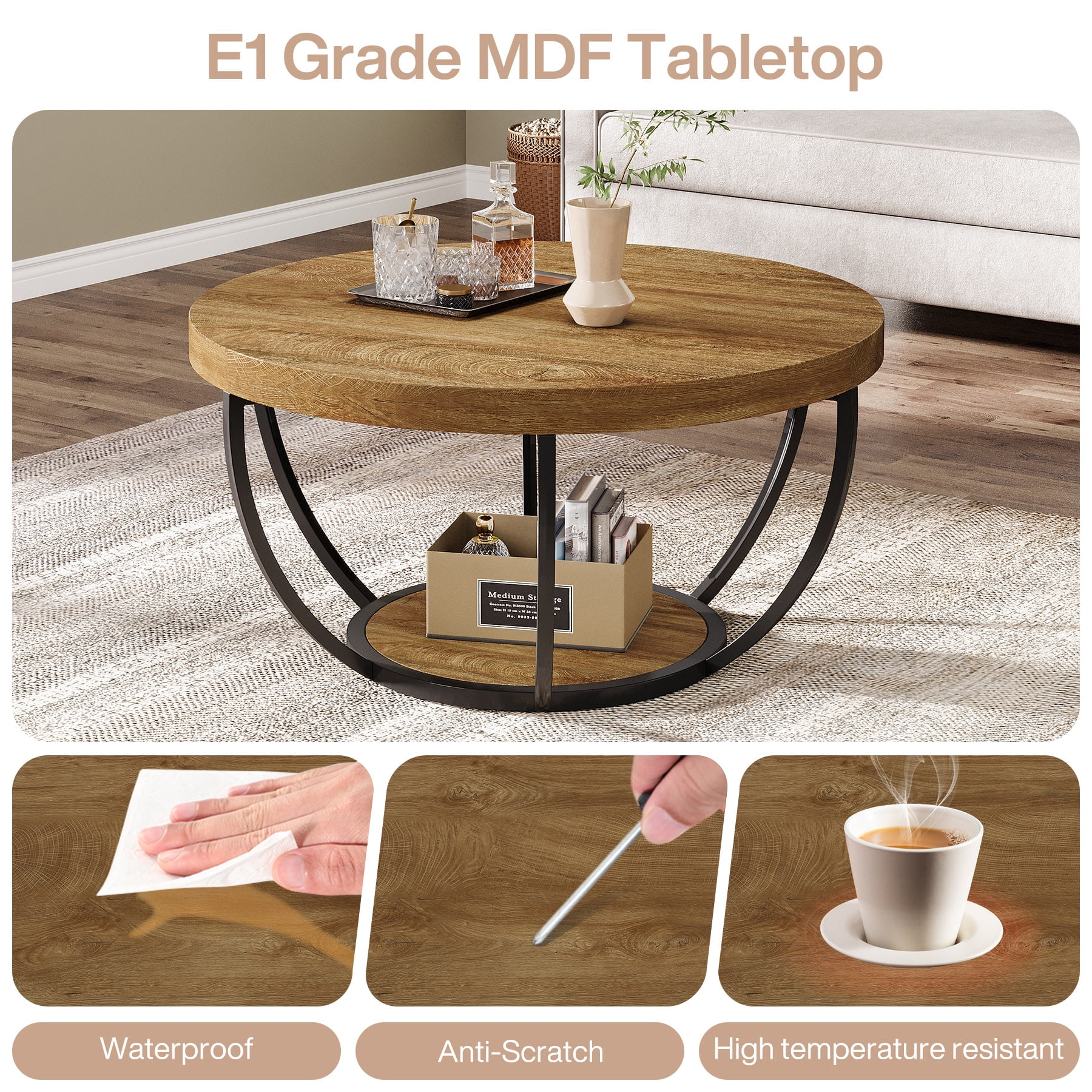Fnova Coffee Table with 2 - Tier Storage, 32" Round Wood Coffee Table with Metal Legs, Modern Rustic Style Center Table for Living Room, Light Brown and Black