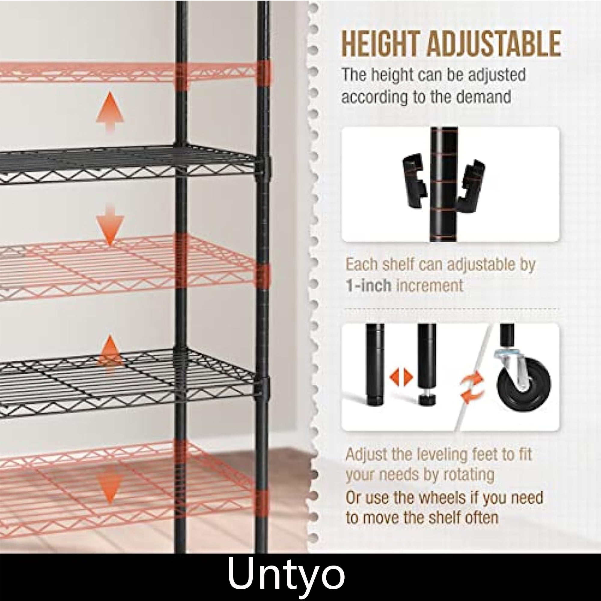 Untyo 5 Tier Wire Shelving Unit Narrow Kitchen Metal Shelving for Kitchen Storage Metal Shelf Organizer Adjustable Storage Shelves