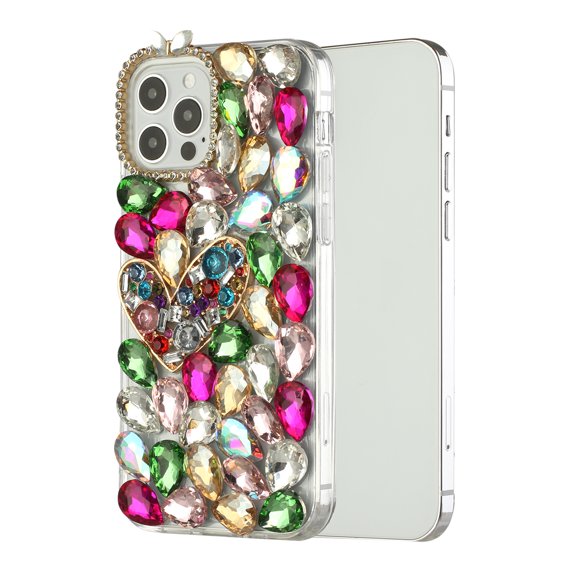 Designed for Apple iPhone 15 (6.1") Bling Crystal 3D Full Diamonds Luxury Sparkle Rhinestone Hybrid Protective Phone Case Cover [Colorful Heart]
