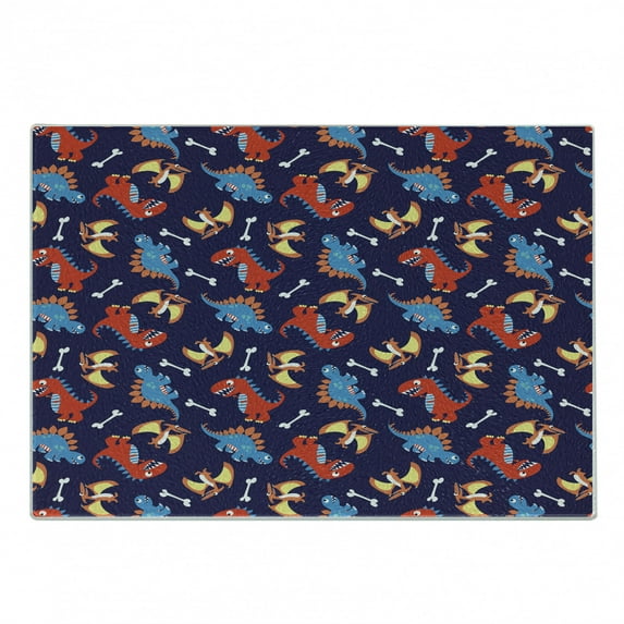 Dinosaur Cutting Board, 3 Different Cartoon Dinosaurs Funny Expressions and Bones Theme, Decorative Tempered Glass Cutting and Serving Board, Small Size, Navy Blue Orange Red, by Ambesonne