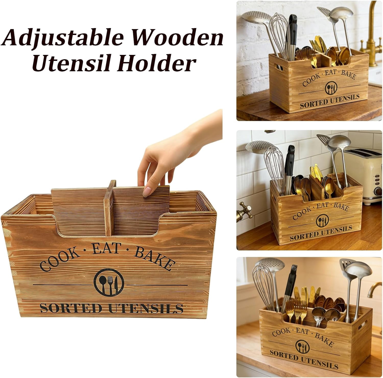 Upgraded Kitchen Utensil Holder For Counter  Extra Large Wooden With Three Adjustable Combination Designs Storage Cooking And Silverware