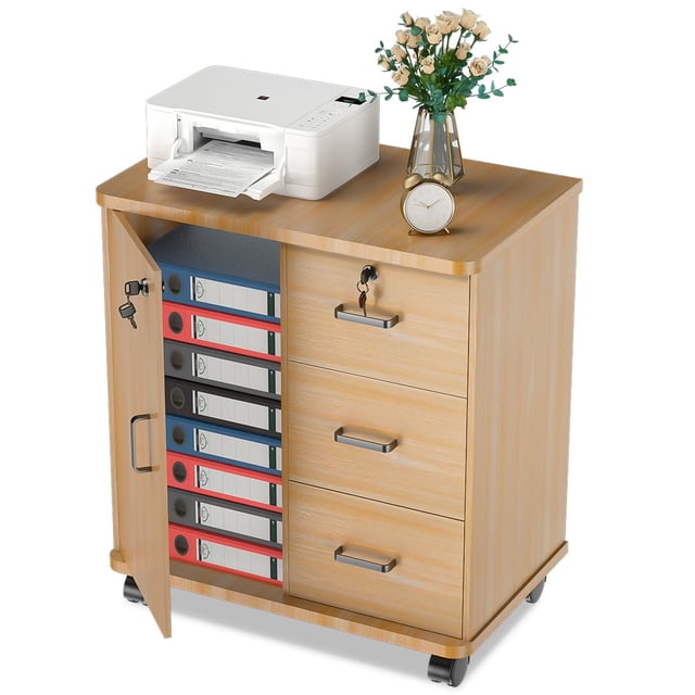Gurkitsy Archivero Organizador, Mueble para Impresora, Archivador Doméstico con Cerraduras, Ruedas y Estantes de Almacenamiento Abiertos, Archivador de 3 Cajones para Hogar, Oficina, Estudi